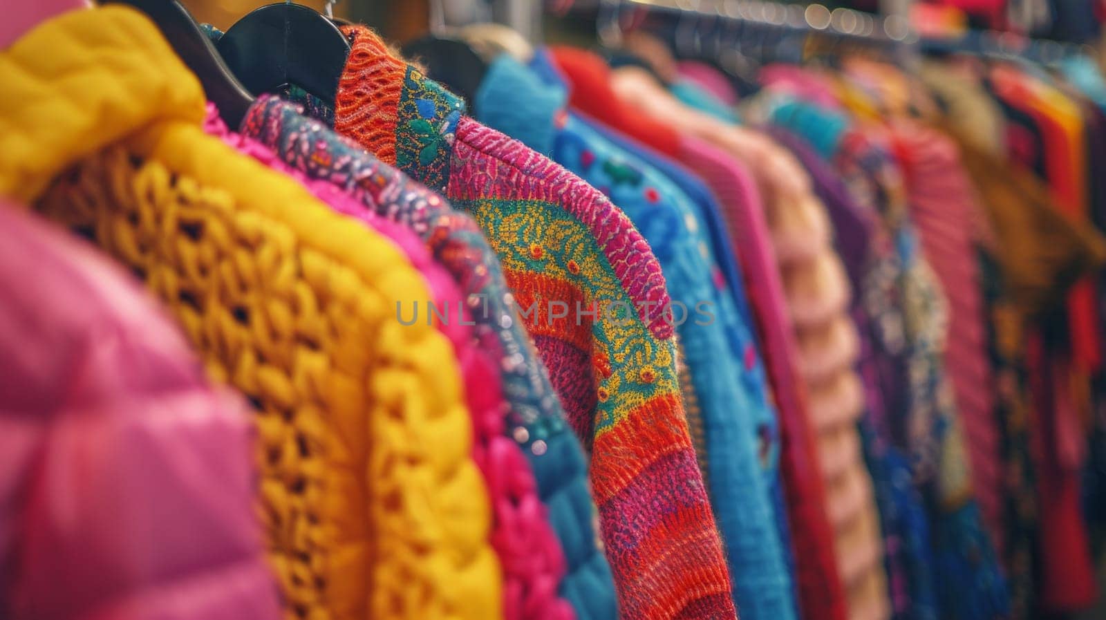 A row of colorful jackets hanging on a rack in the store