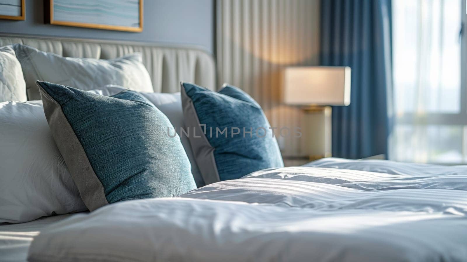 A bed with white sheets and blue pillows in a bedroom