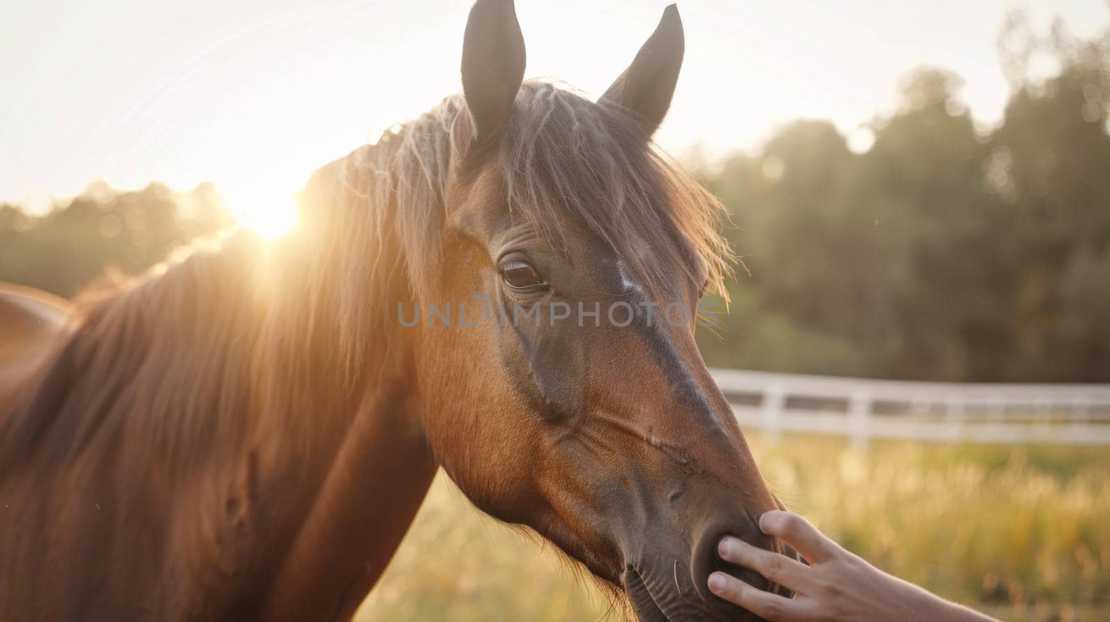 A person petting a horse in the grass with sunlight behind