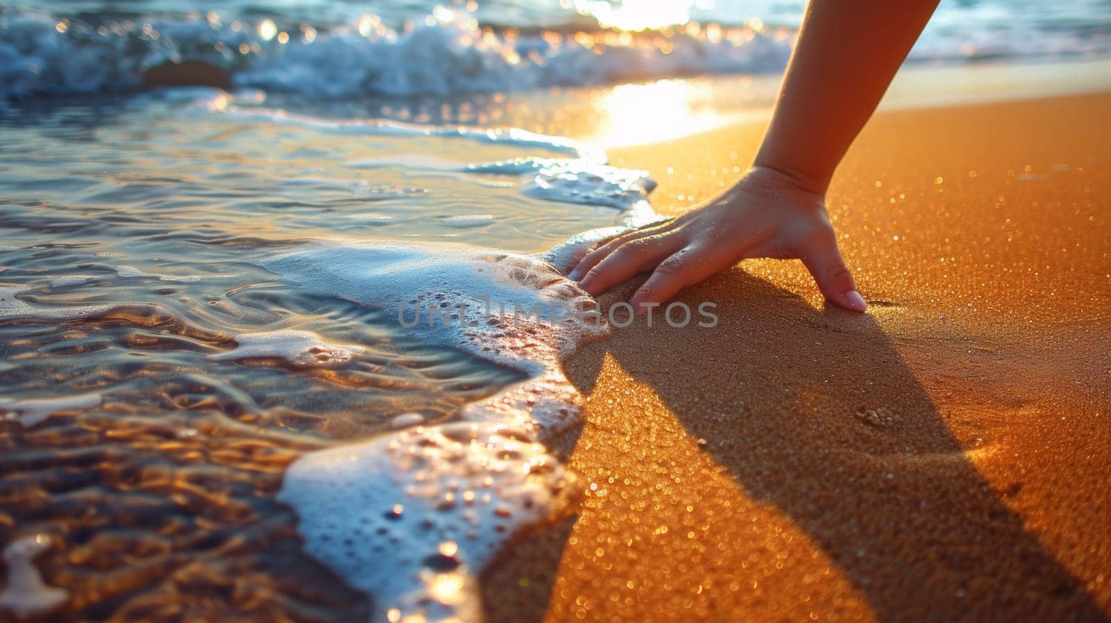 A person touching the sand at a beach with waves