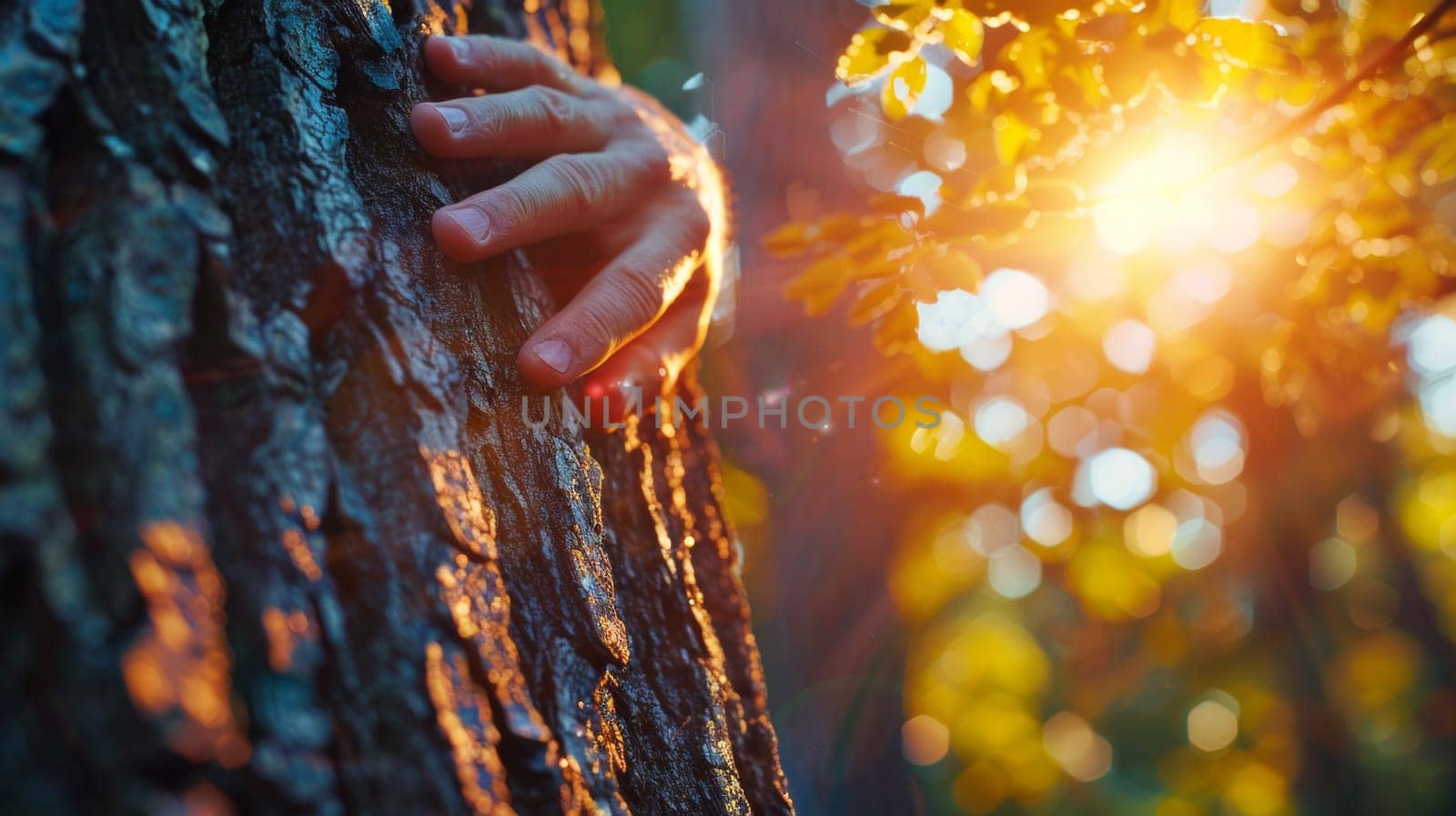A person's hand on a tree trunk with sun shining through
