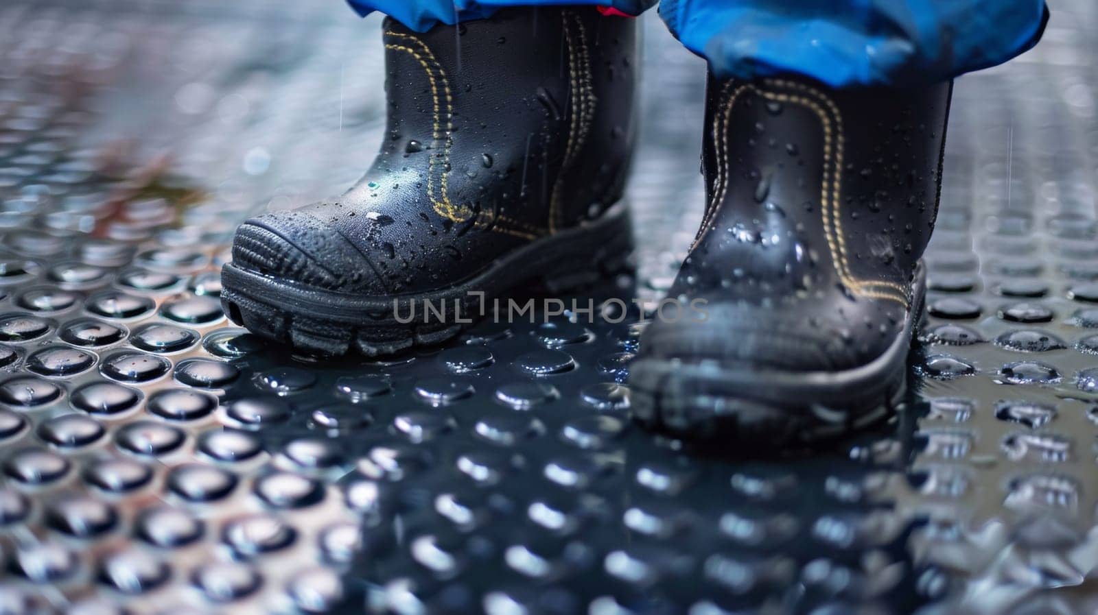 A child's boots are covered in rain drops on a floor