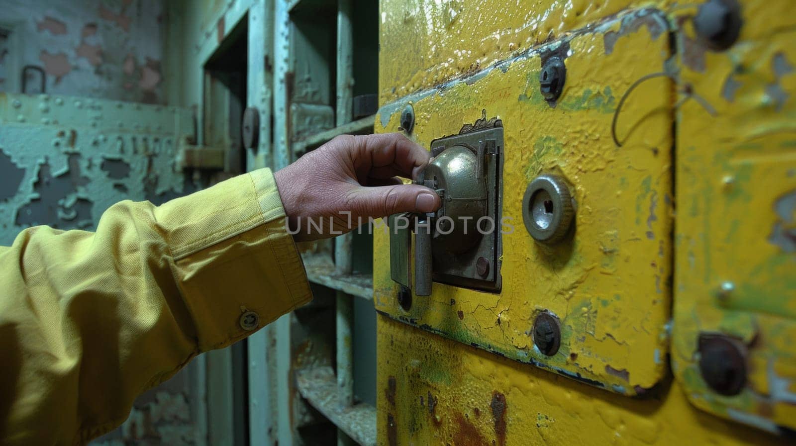 A person in yellow jacket opening a lock on an old jail cell