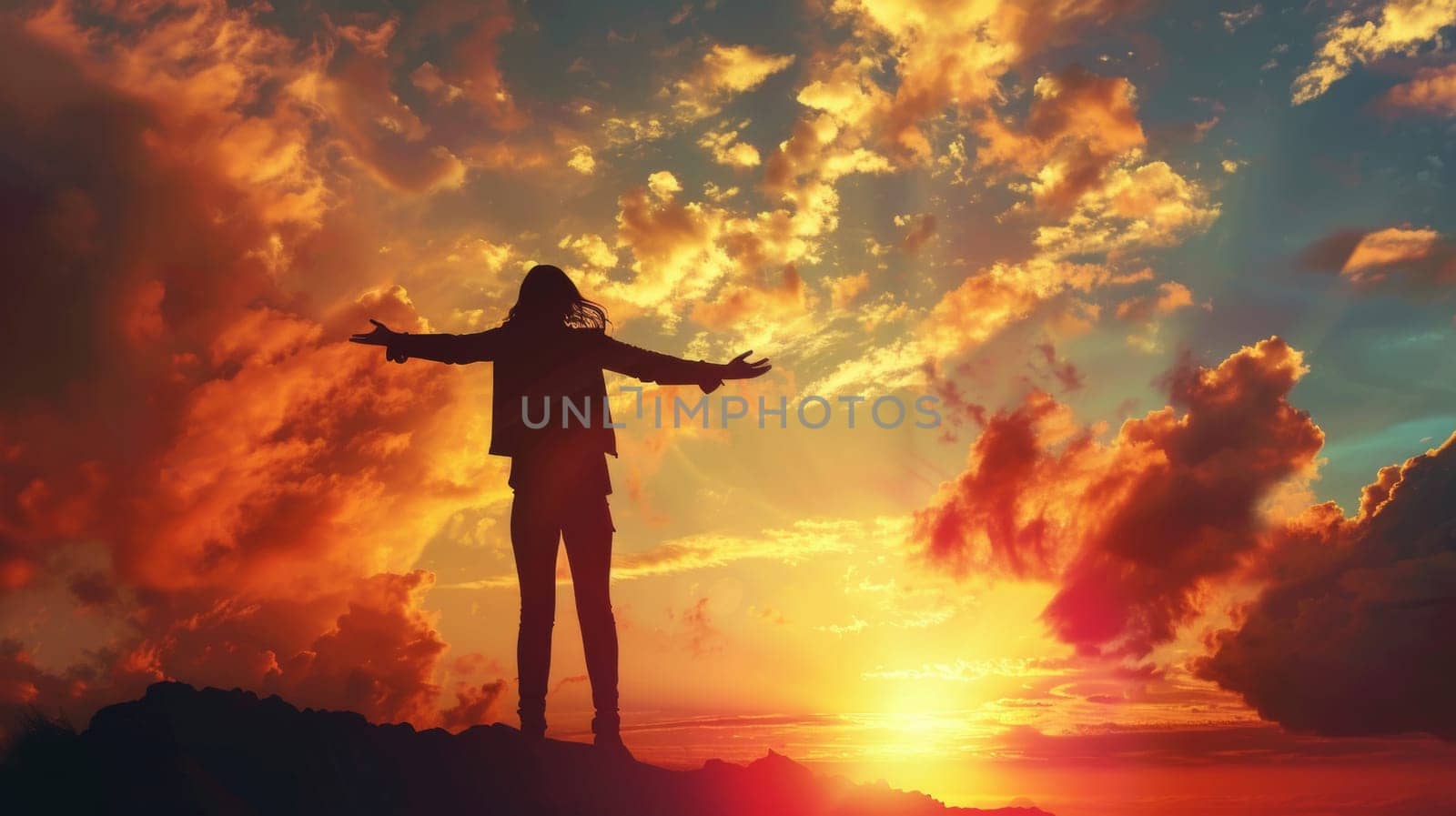 A person standing on top of a hill with their arms outstretched