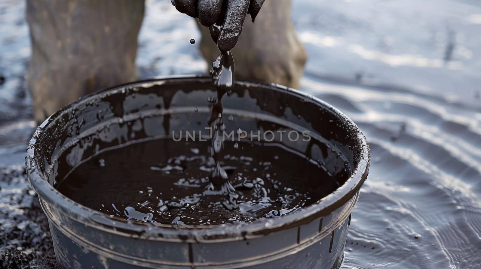 A person pouring water into a bucket in the mud