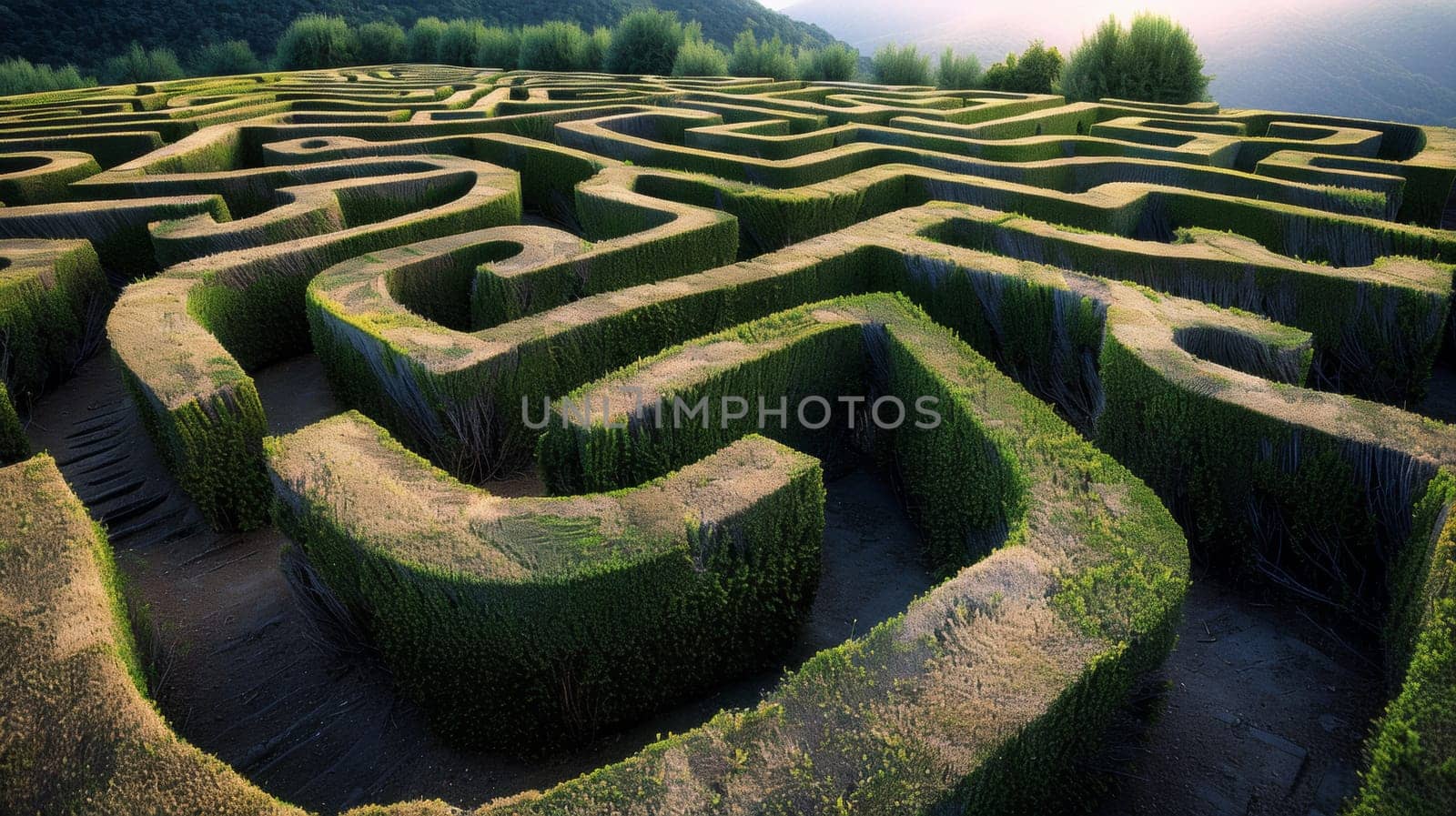 A maze of bushes with a path leading to the top