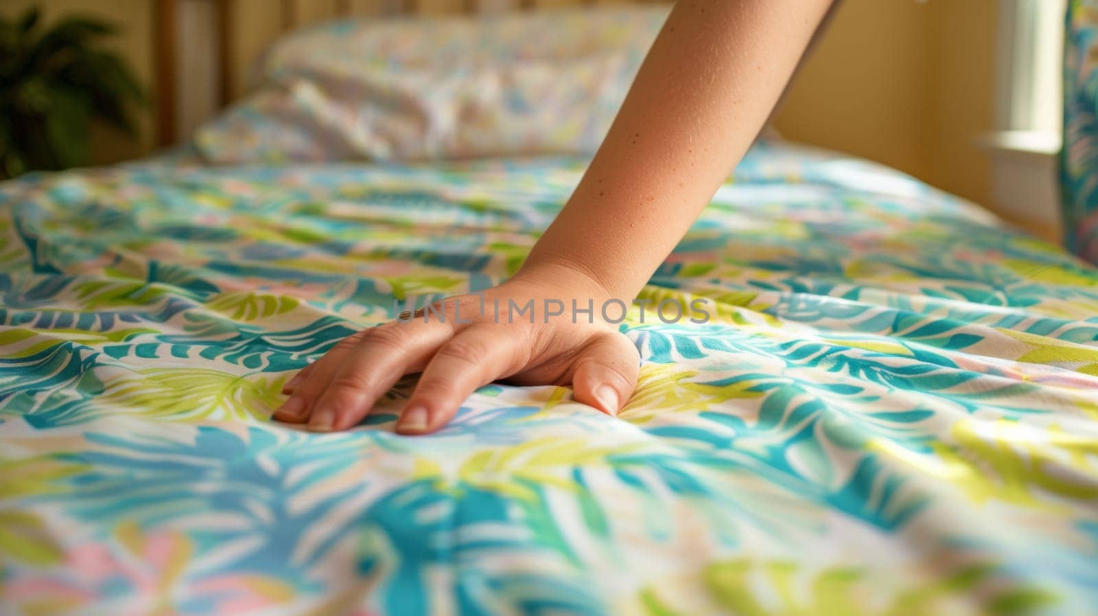 A person reaching for a blanket on the bed in front of them
