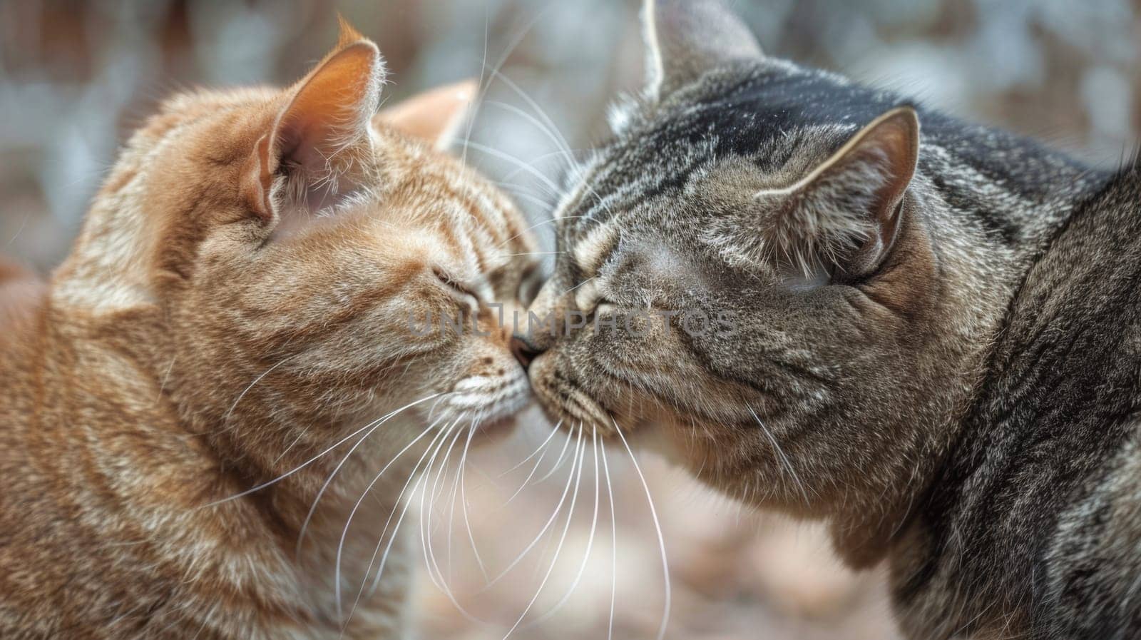 Two cats are kissing each other on the nose in a field