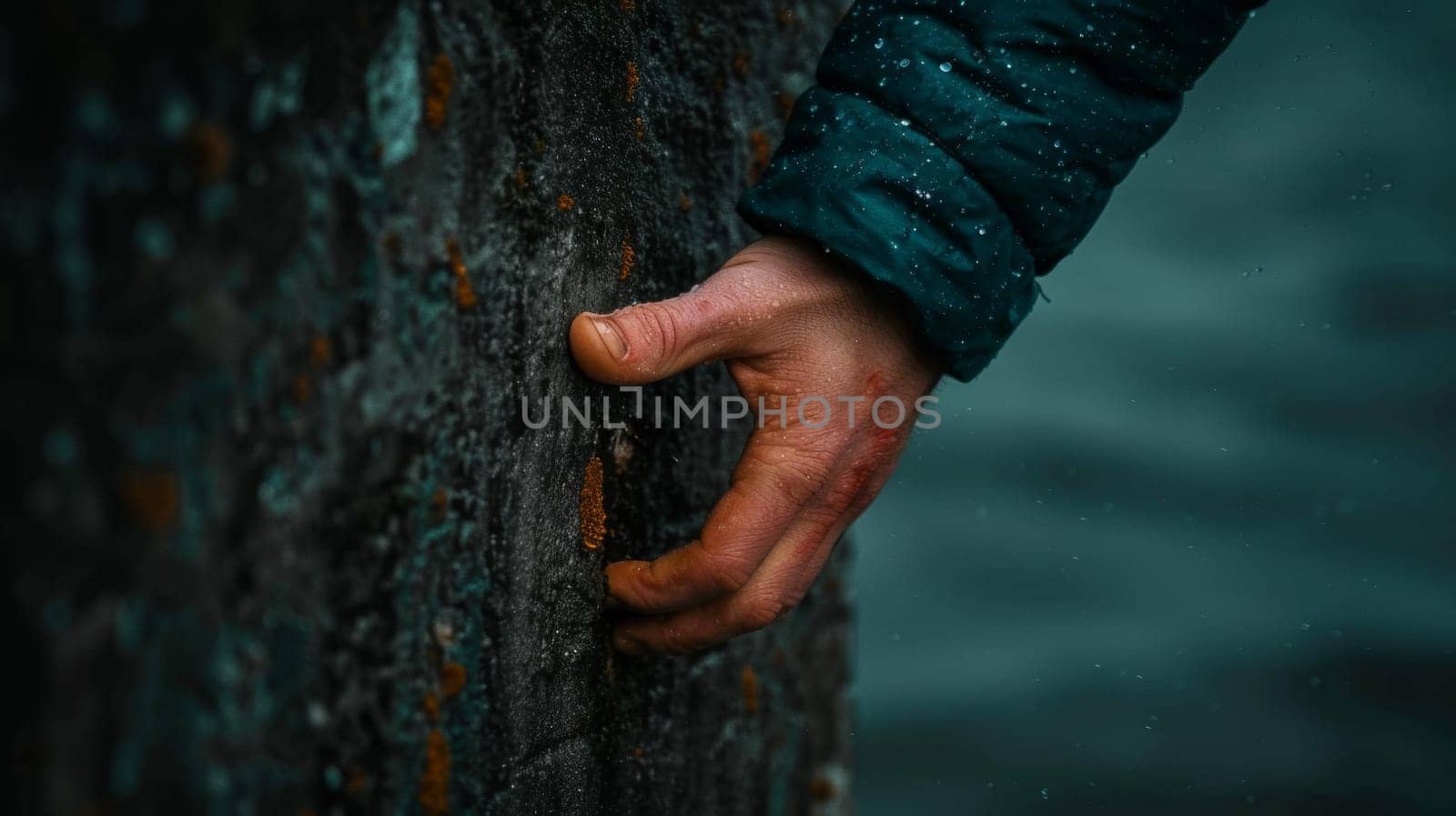 A hand reaching out to touch a rock wall in the water