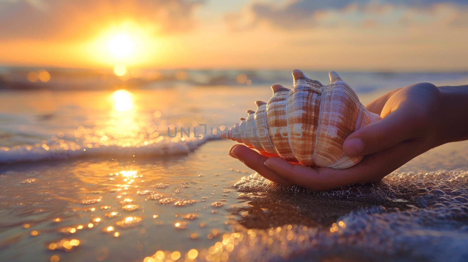 A person holding a seashell on the beach at sunset