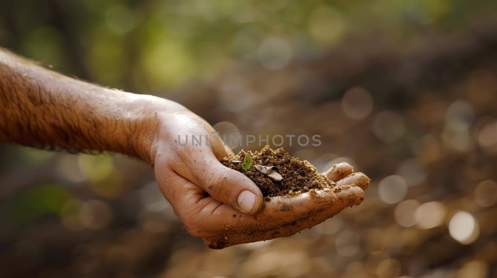 A man holding a small amount of dirt in his hand