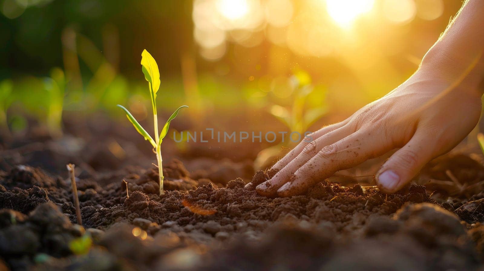 A person's hand reaching into the dirt to plant a seed