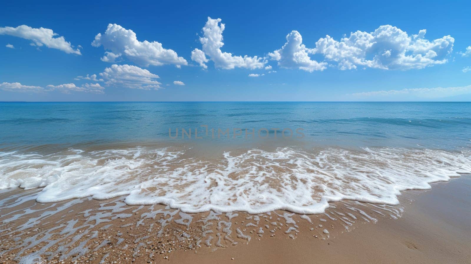A beach with waves and a blue sky in the background