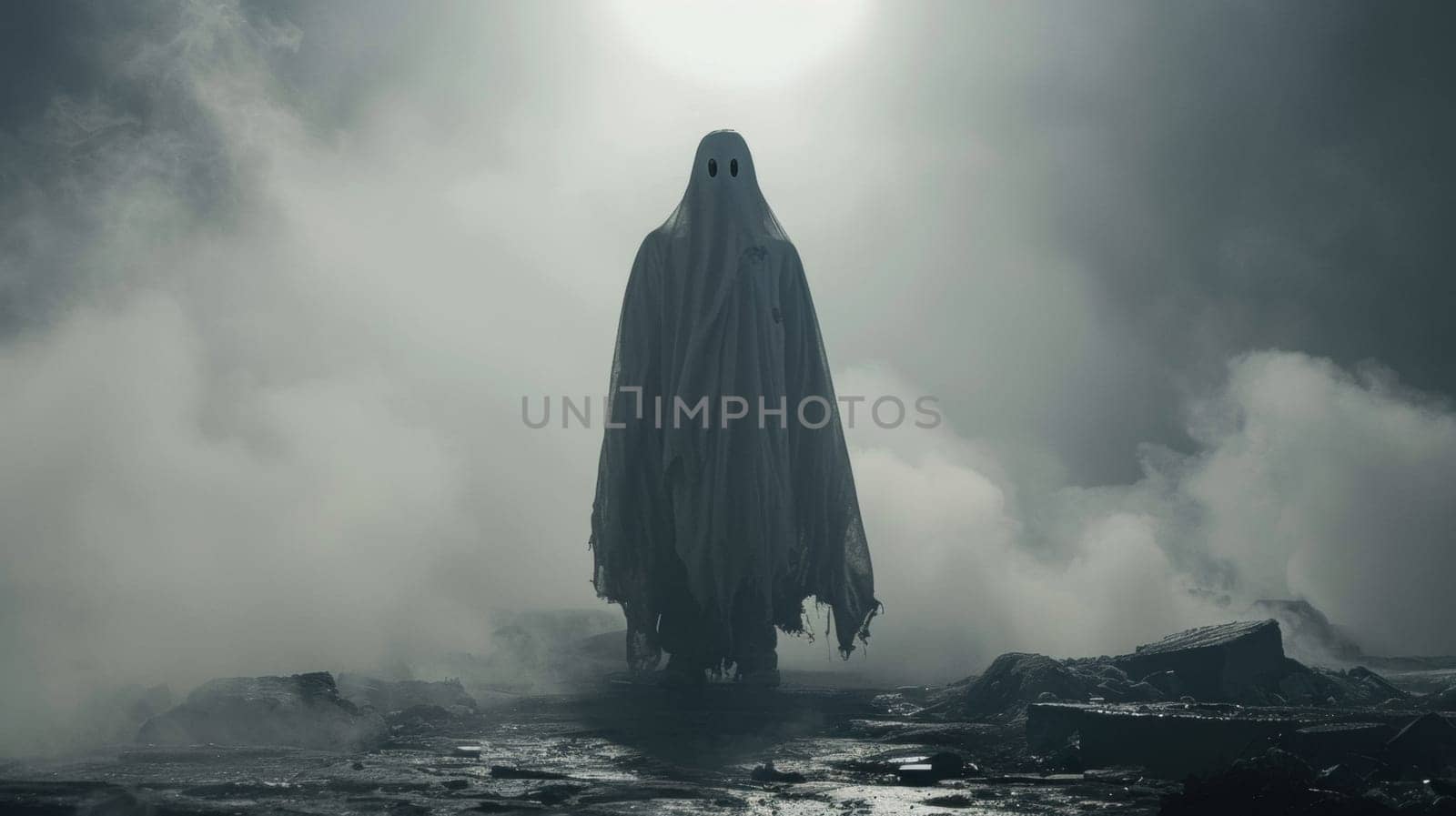 A man in a ghost costume standing on top of some rocks