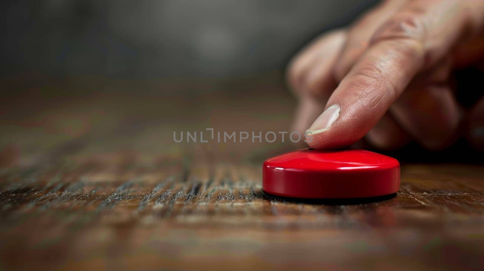 A person's finger is on a red button with the other hand