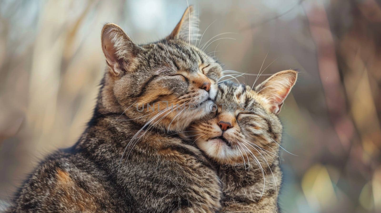 Two cats are cuddling together with their heads touching