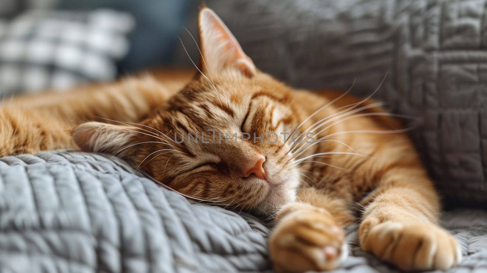 A cat sleeping on a bed with its eyes closed
