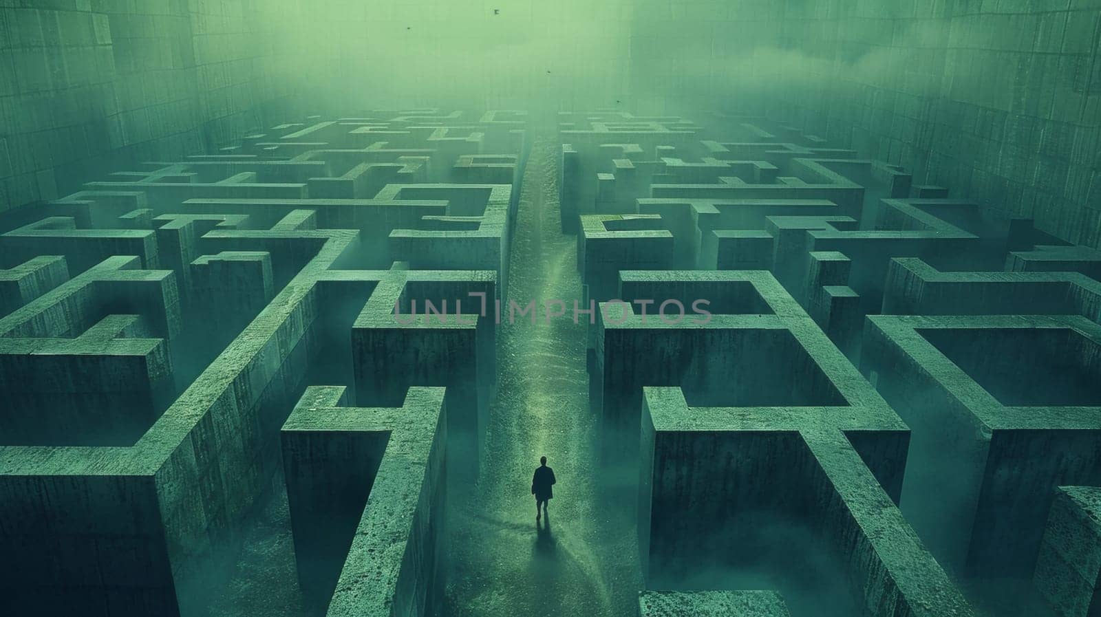 A man is walking through a maze in the fog