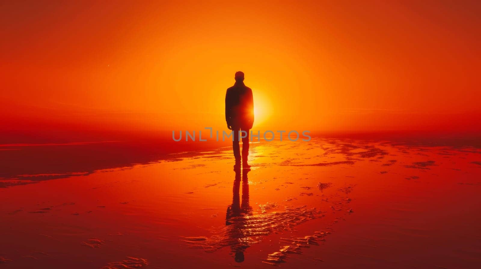 A man standing on a beach at sunset with the sun behind him