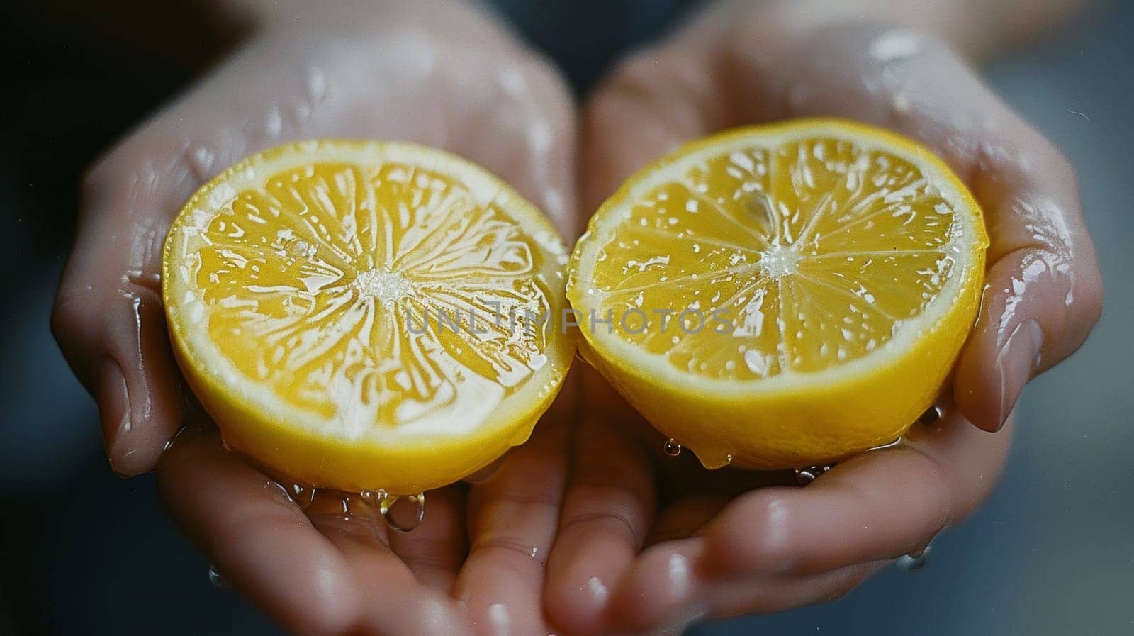 A person holding a lemon in their hands with water on it