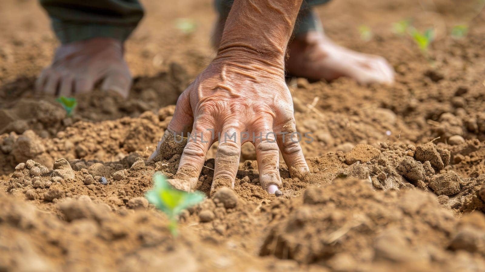 A person is planting a seed in the dirt with their hands