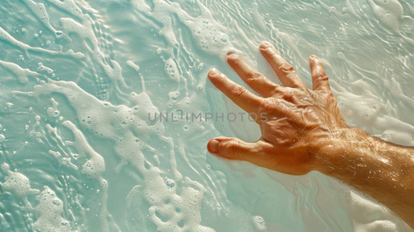 A hand reaching out of a pool with bubbles and foam