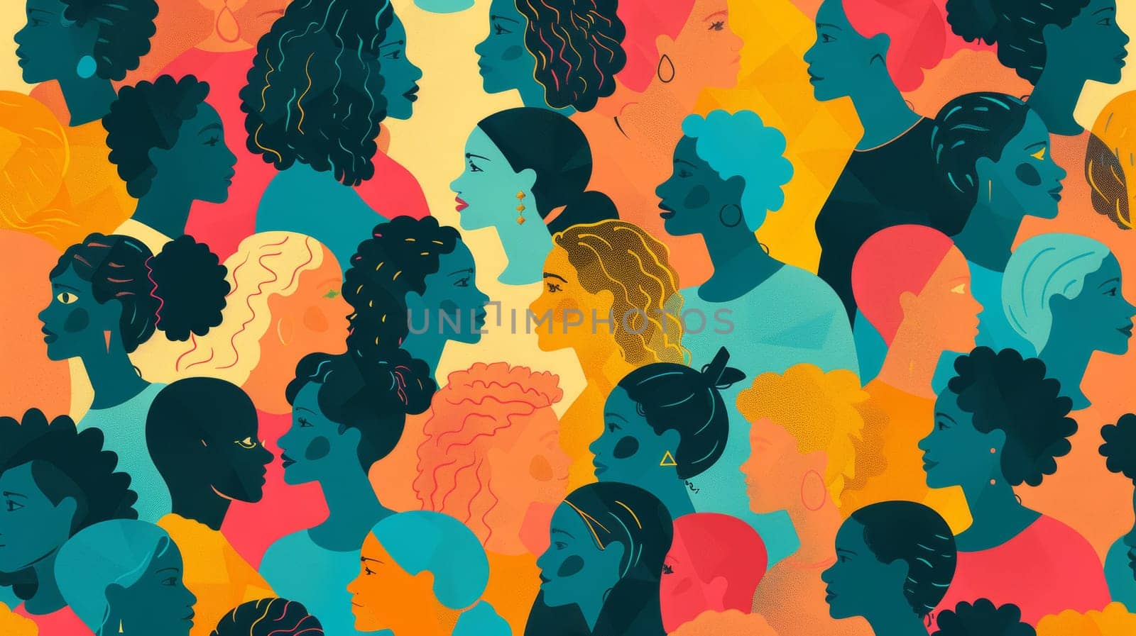 A colorful pattern of women's faces in different colors