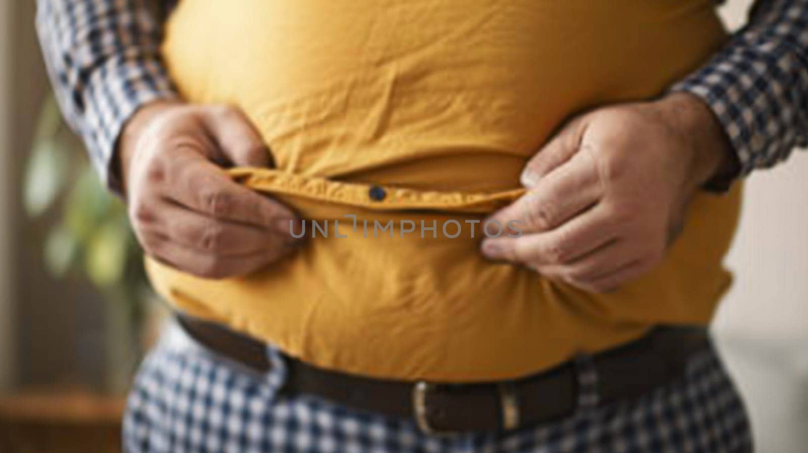 A man in a yellow shirt holding his stomach with both hands