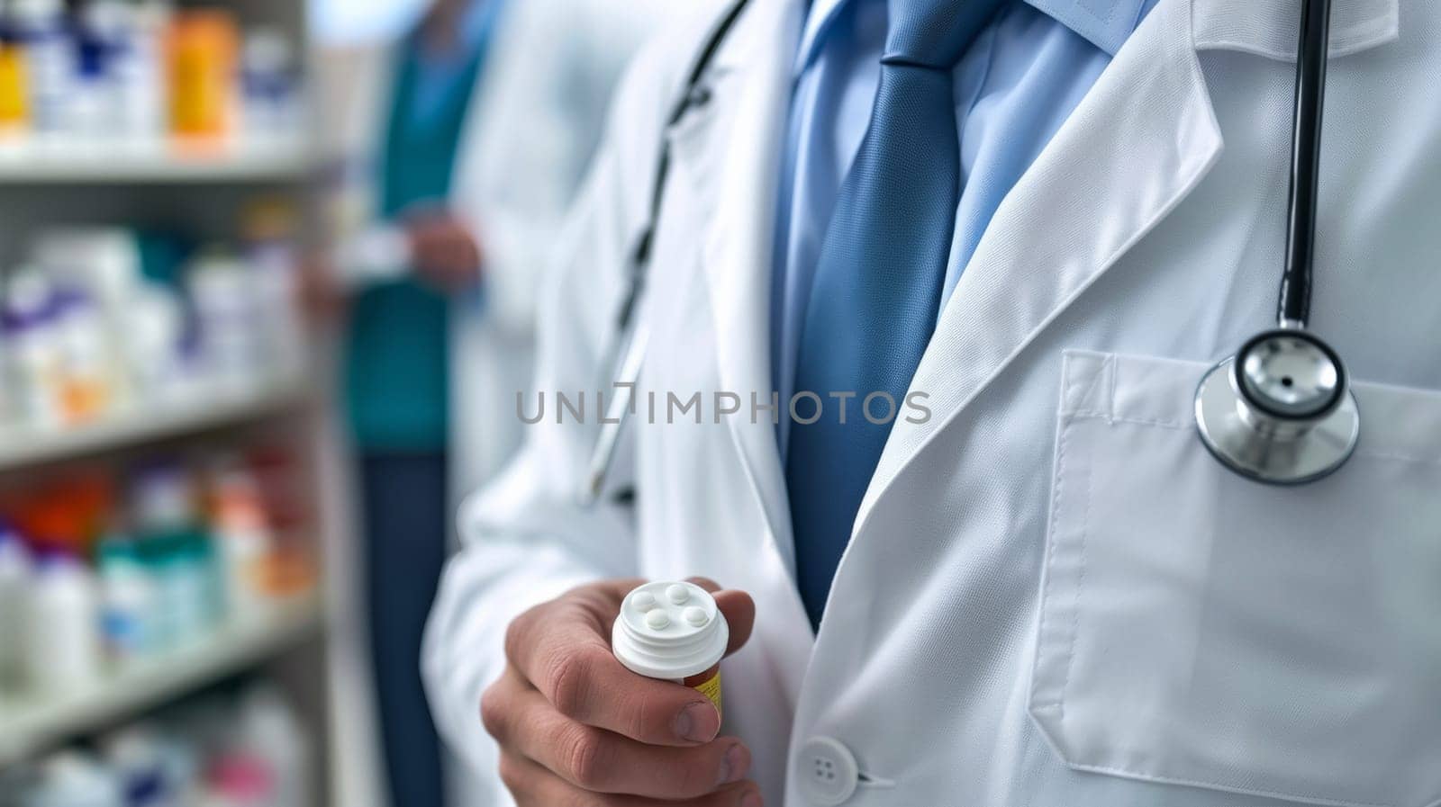 A doctor in white coat holding a bottle of medicine