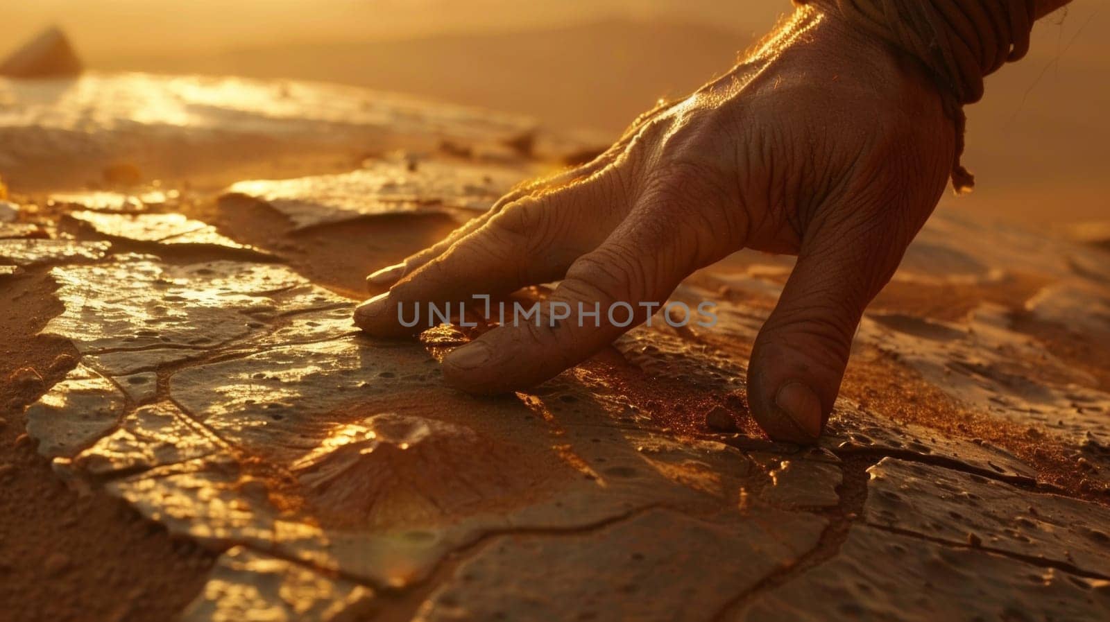 A person's hand reaching out to touch a rock in the desert
