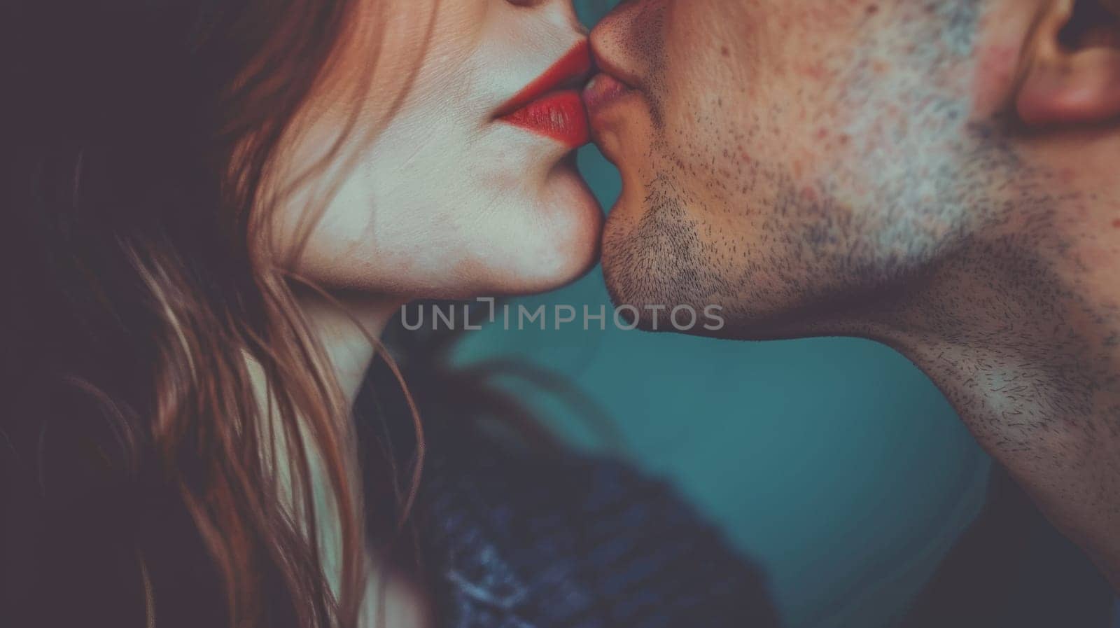 A man and woman kissing each other with a red lipstick