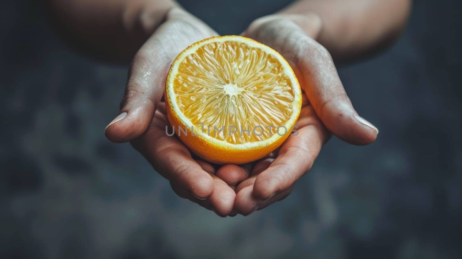 A person holding an orange in their hands with a dark background
