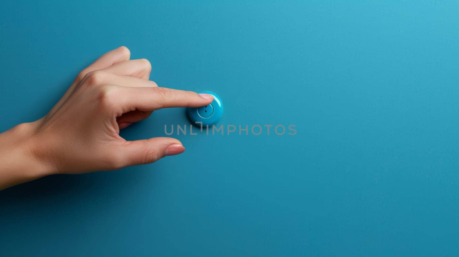 A hand pressing a button on the wall of an office
