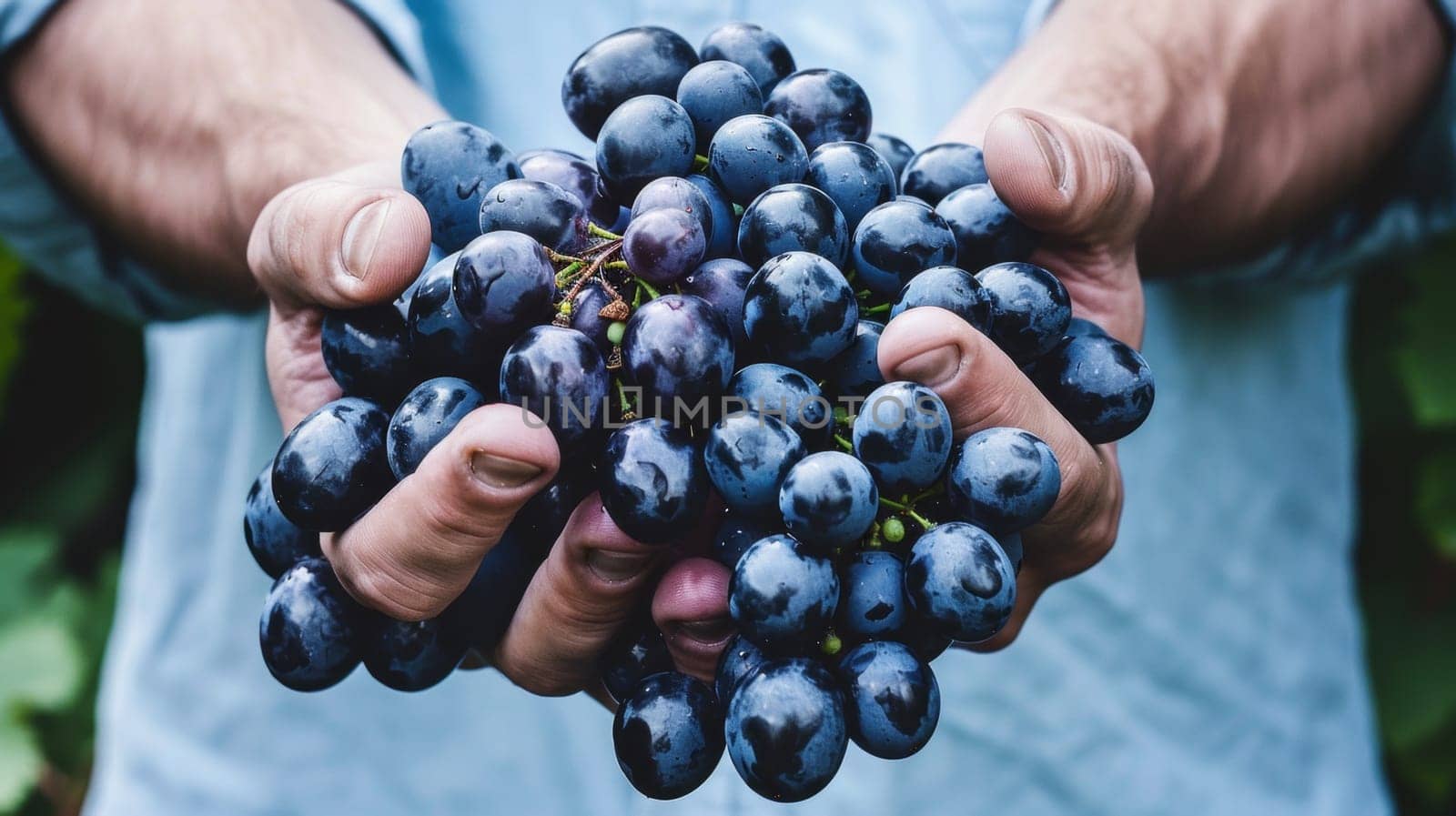 A man holding a bunch of grapes in his hands