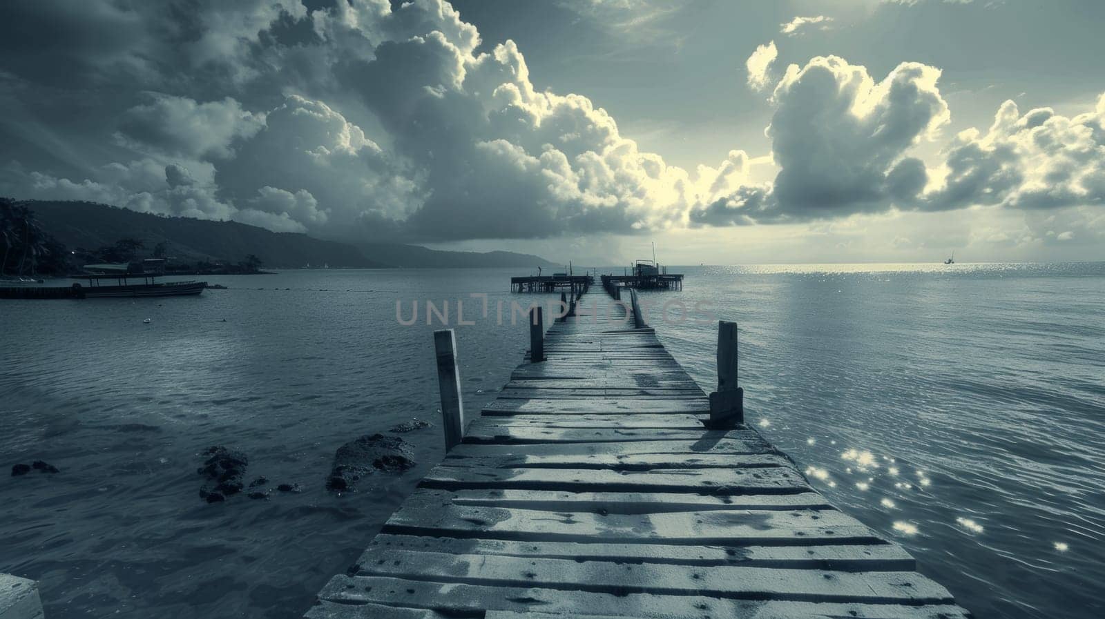 A long wooden pier leading to a boat in the ocean