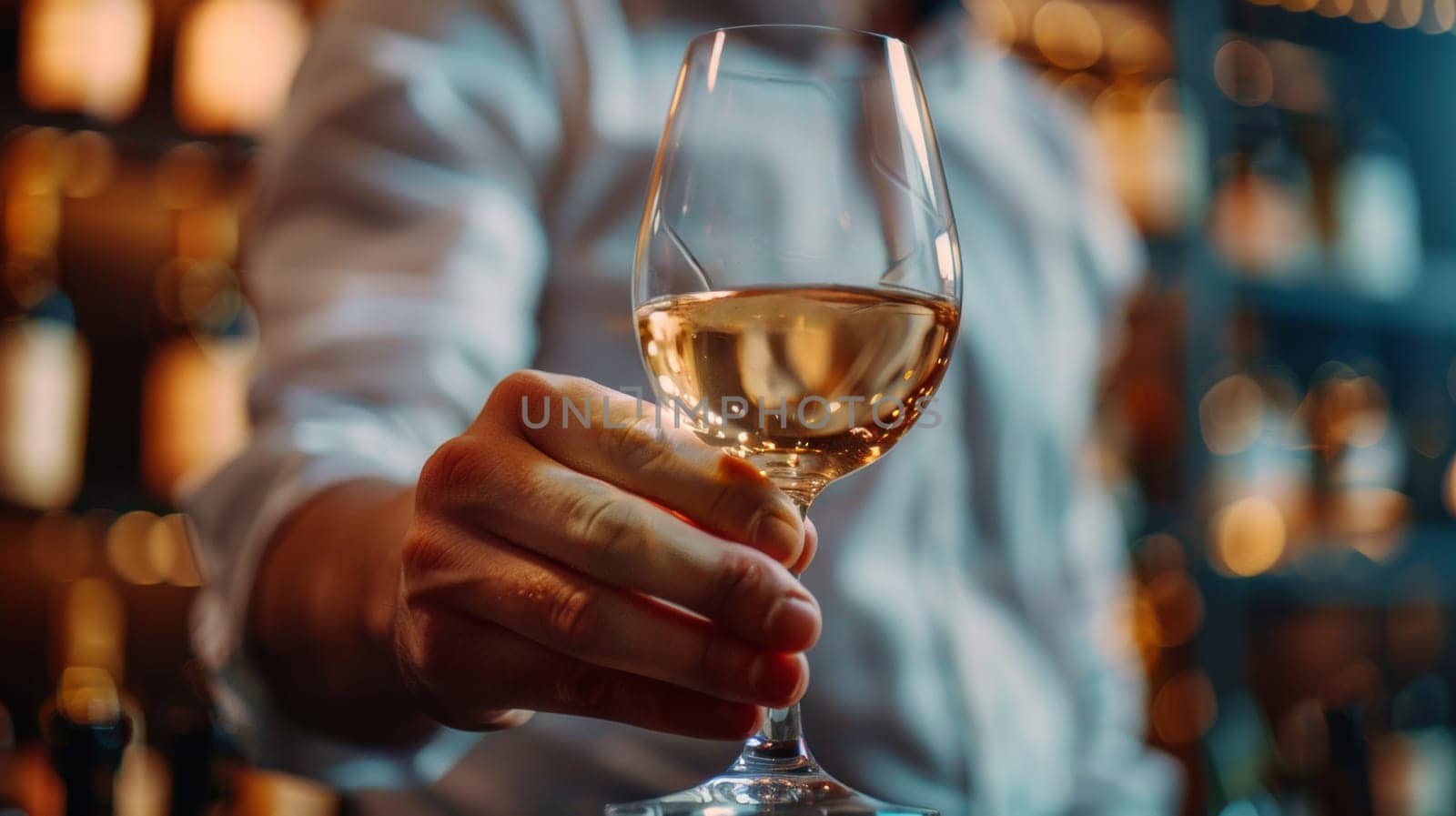 A man holding a glass of wine in front of him