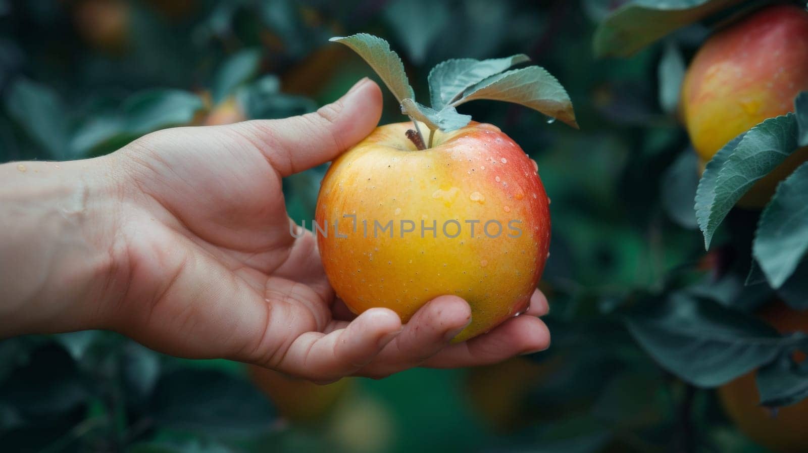 A hand holding an apple in a tree with leaves