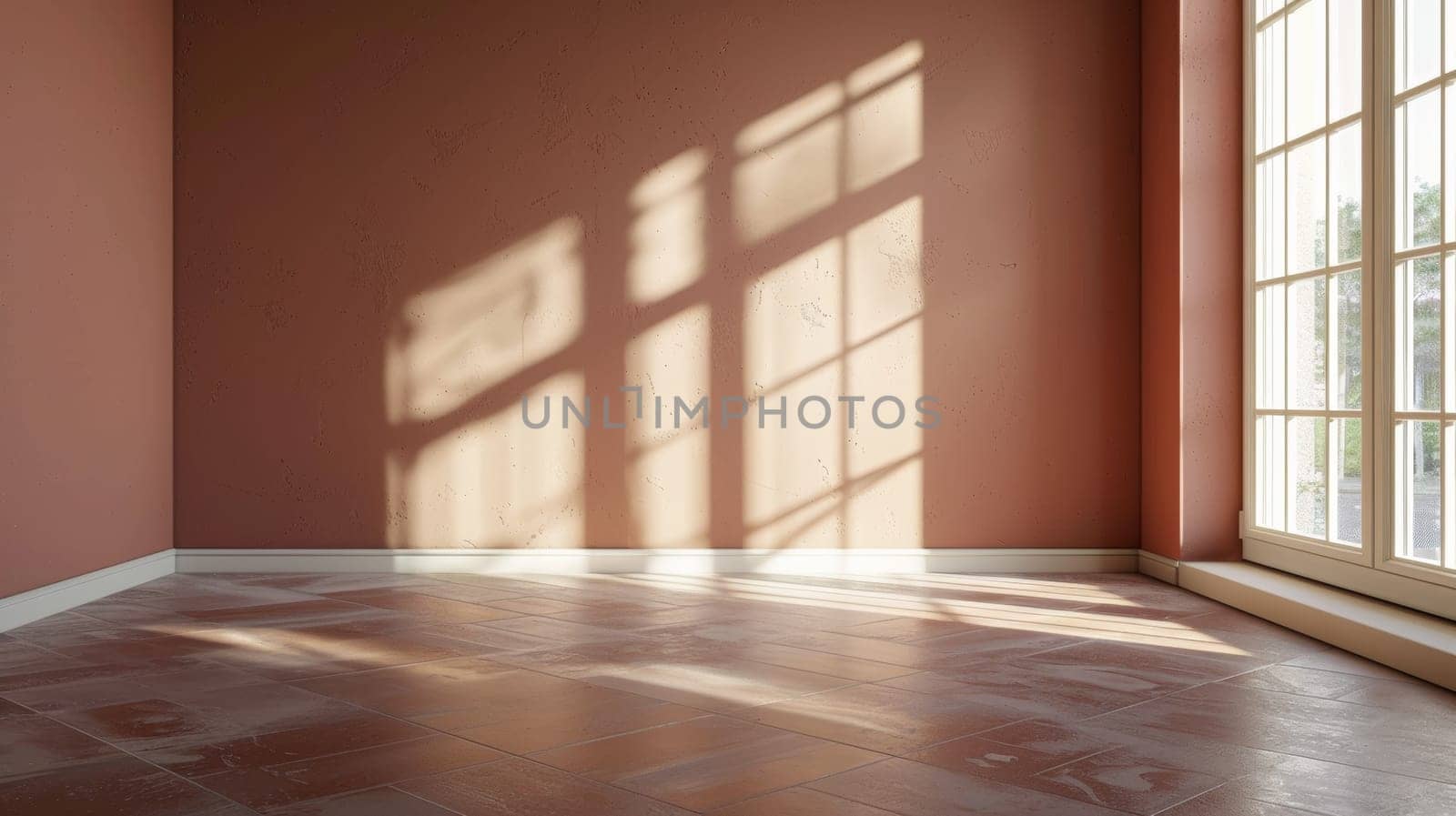 A room with a window and tiled floor in the sun