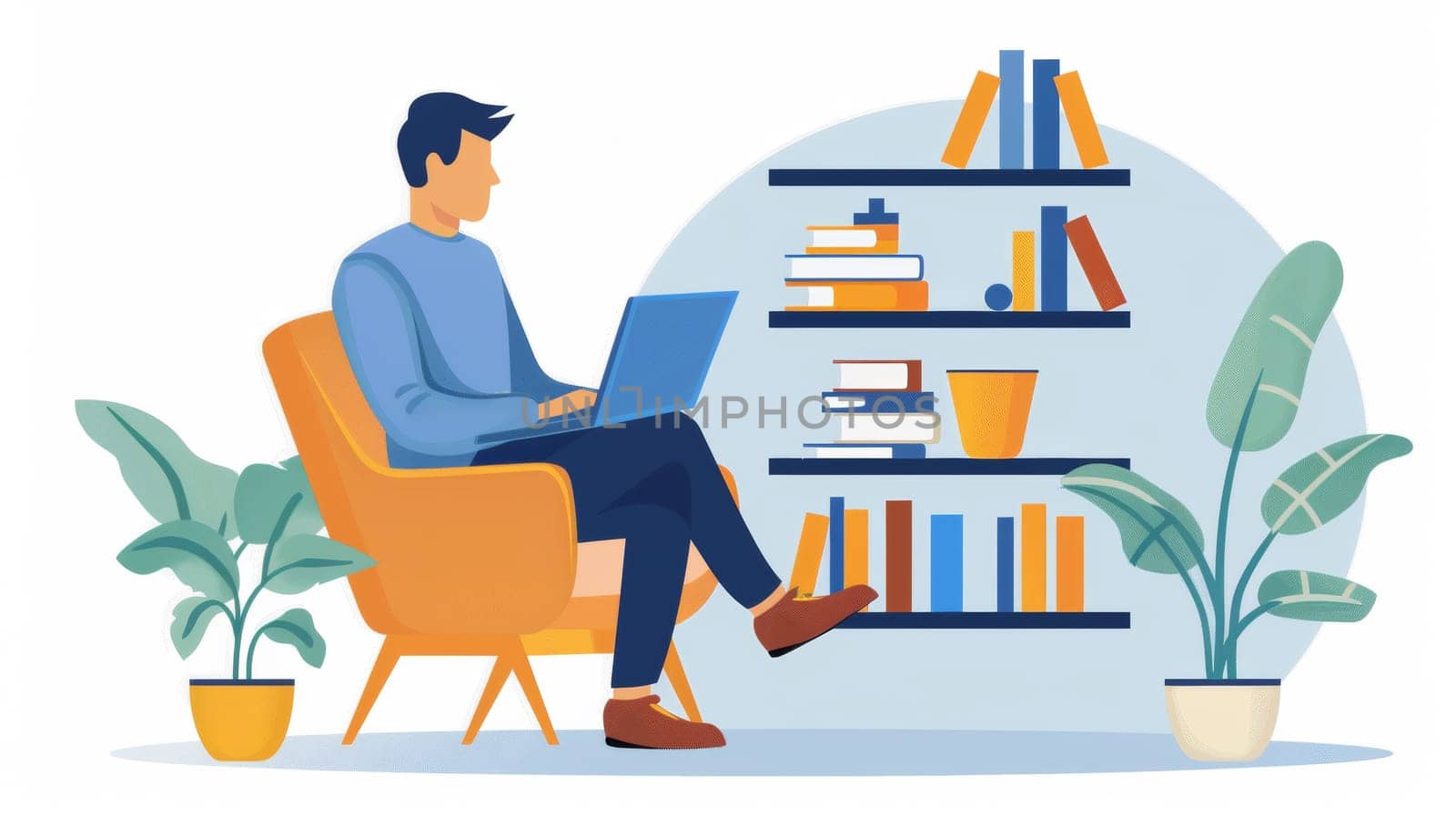 A man sitting in chair with laptop and plants