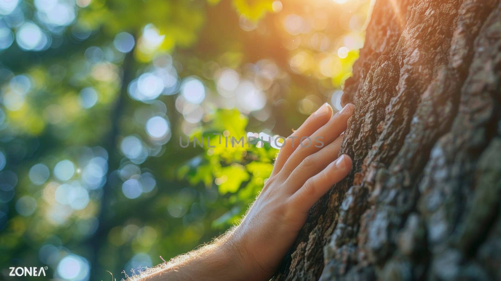 A man's hand on a tree trunk with the sun behind him