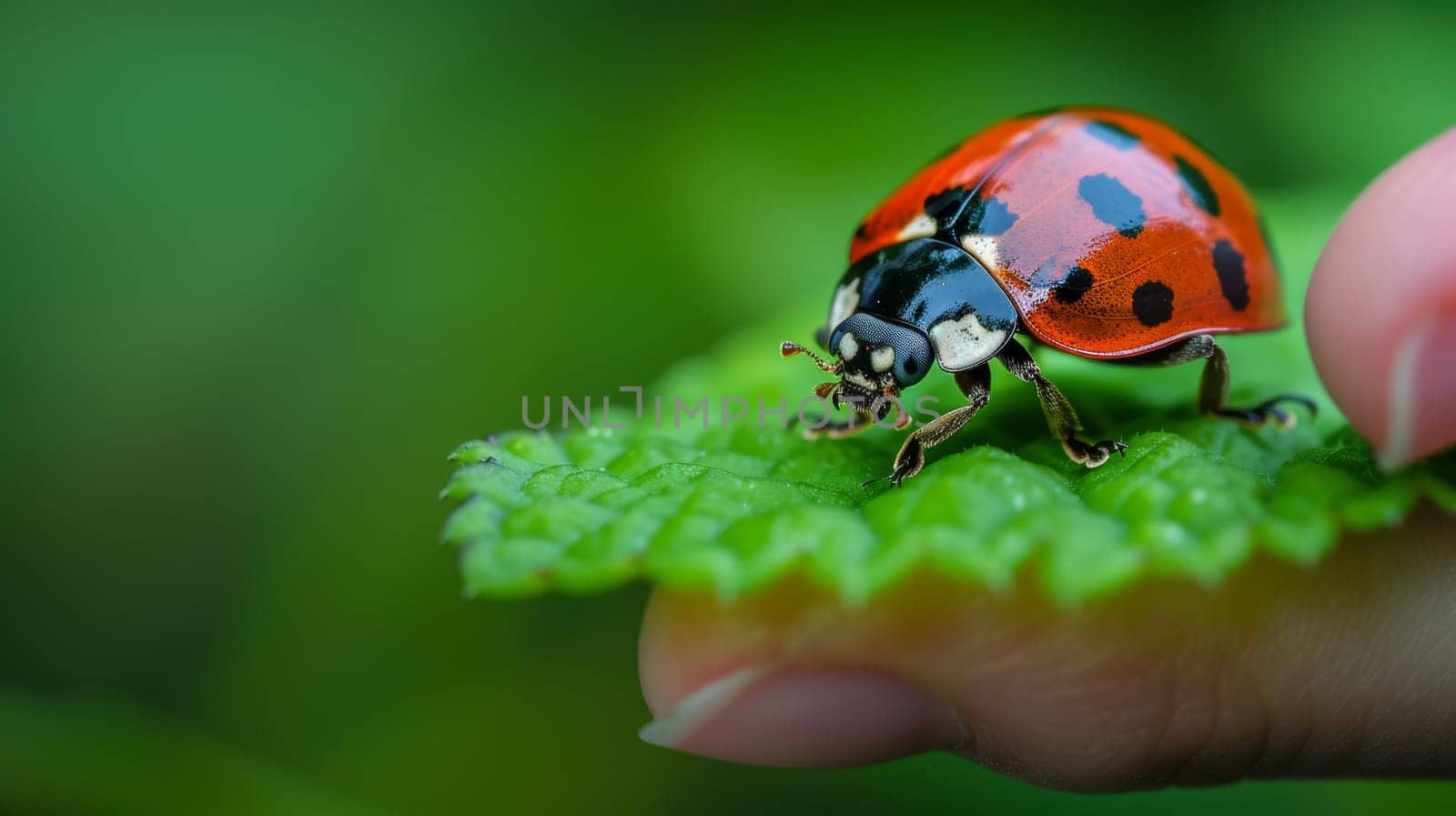 A ladybug sitting on a leaf in the palm of someone's hand