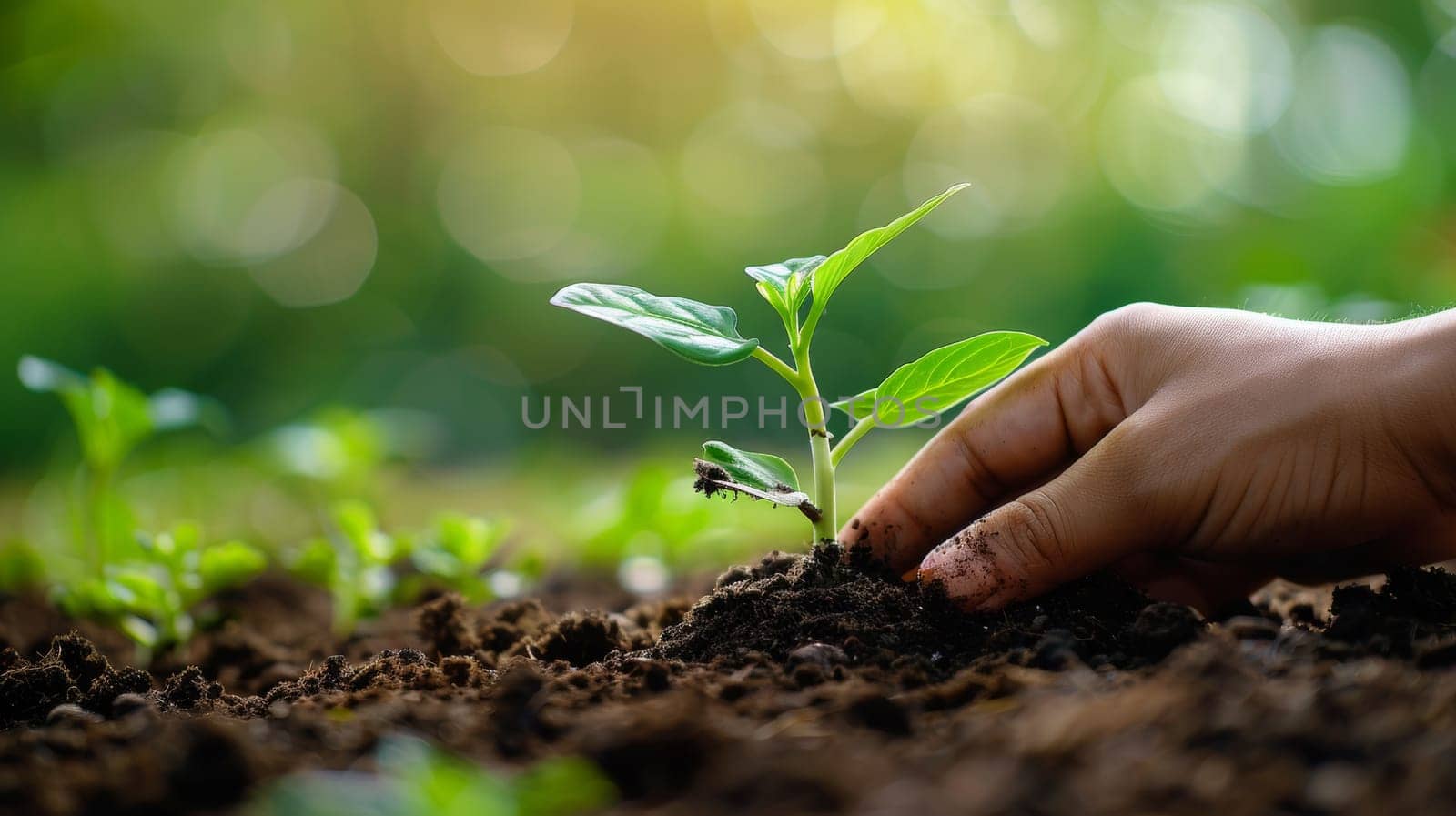 A hand planting a seedling in the dirt with sunlight