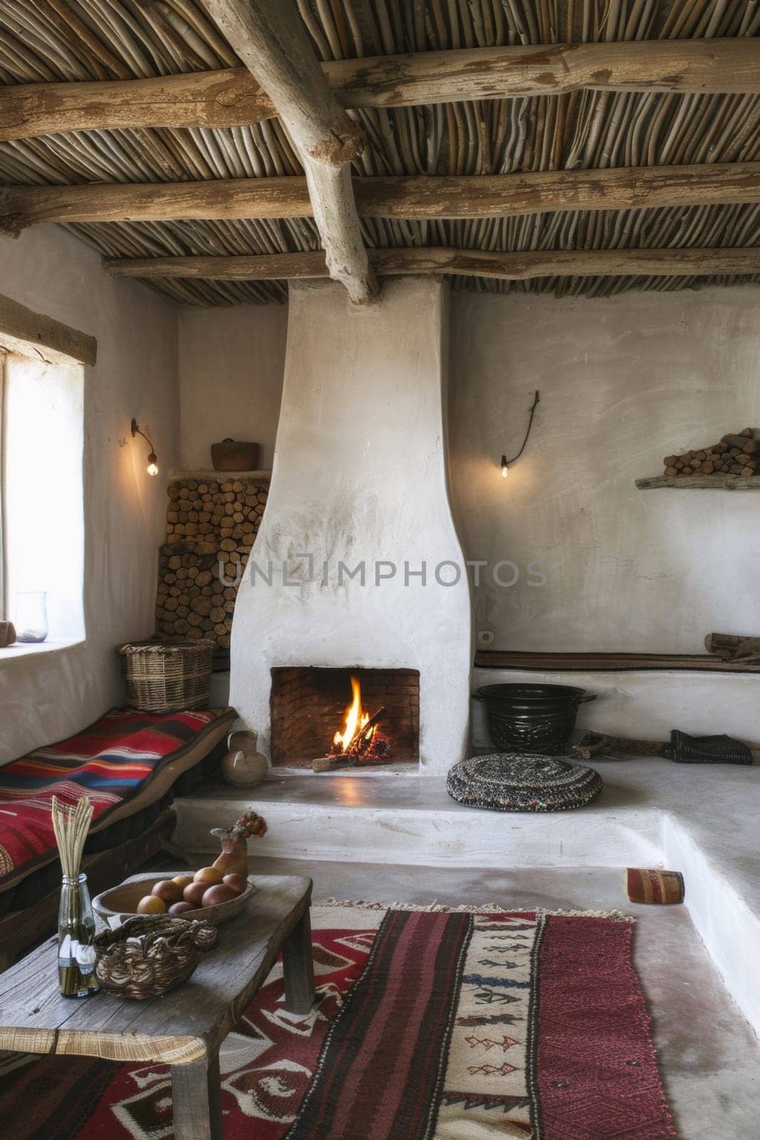 A living room with a fireplace and wood flooring