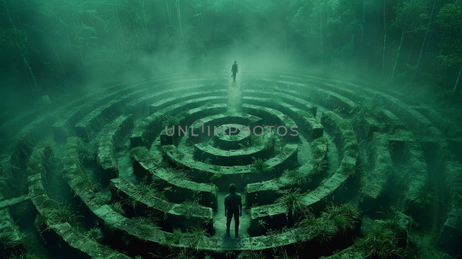 A person standing in the middle of a maze surrounded by trees