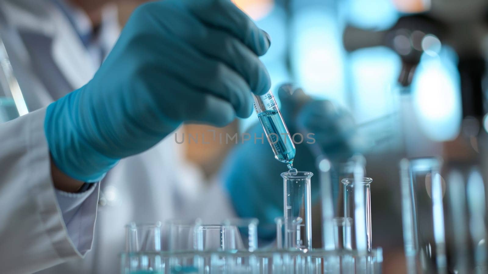 A person in lab coat holding a test tube with liquid