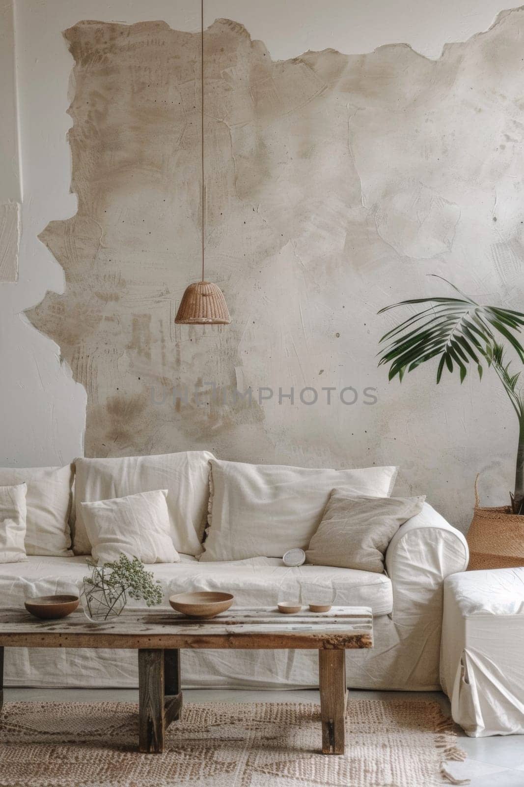 A living room with a couch, coffee table and potted plant
