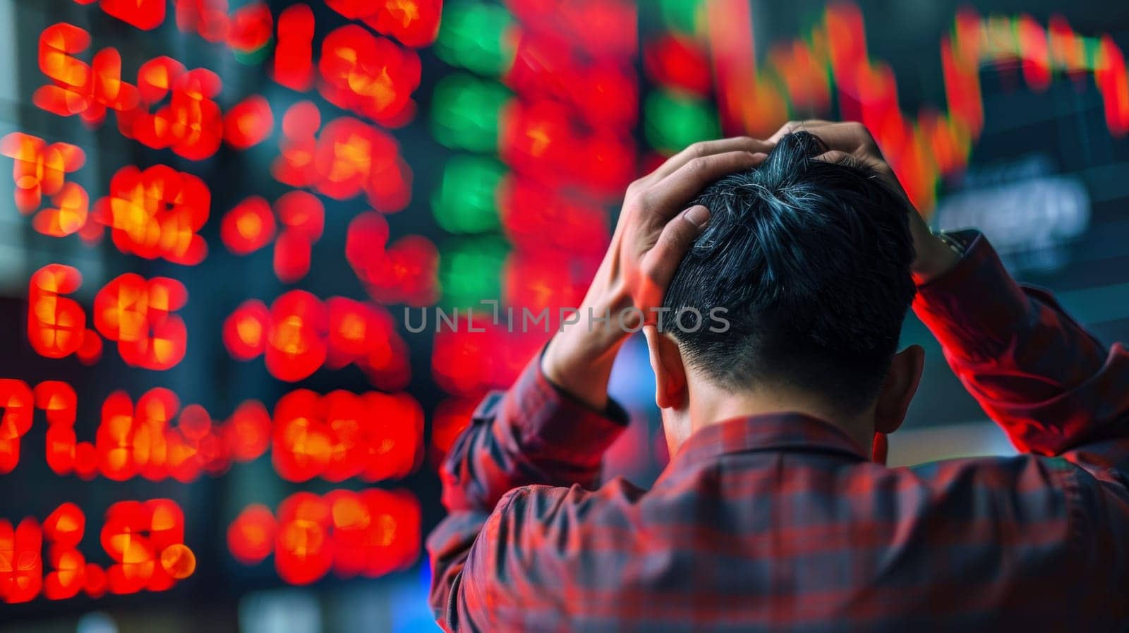 A man with his head in hands looking at a wall of stock prices