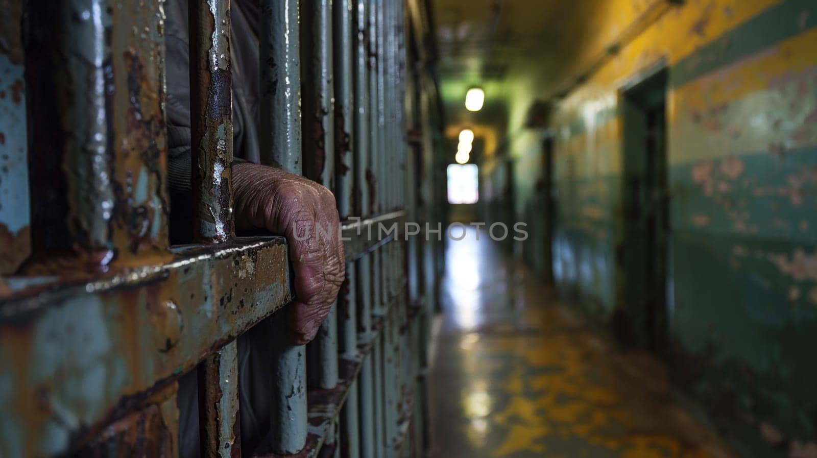 A man's hand is sticking out of a jail cell door