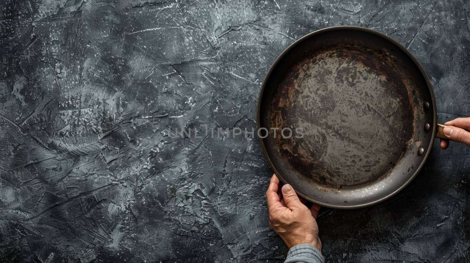 A person holding a dirty pan over a gray surface