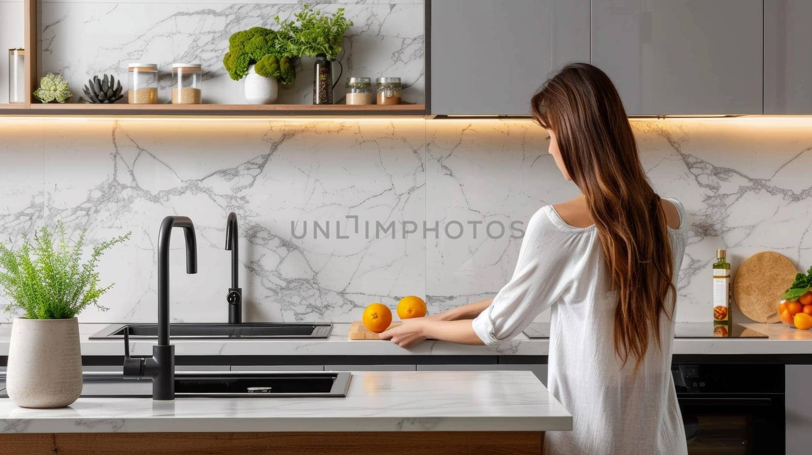 A woman in a kitchen cutting oranges on the counter